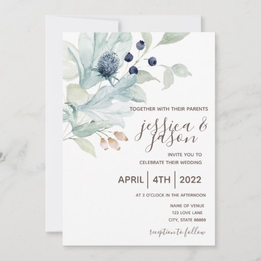 Dusty Blue Floral Wedding Invitation Kaart (Voorkant)