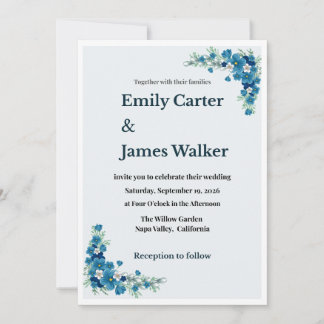Dusty Blue Floral Wedding Invitation Kaart