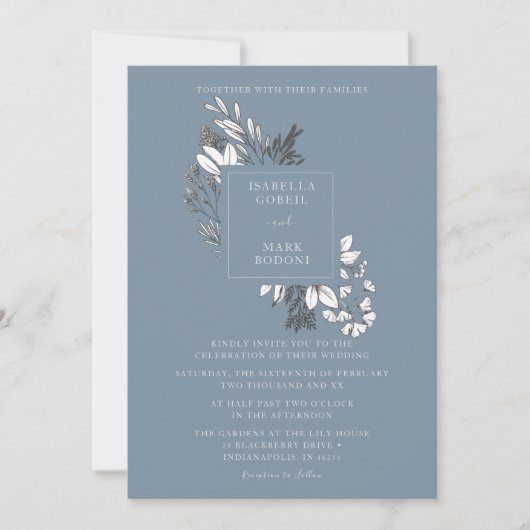 Dusty Blue Floral Wedding Invitation Kaart (Voorkant)