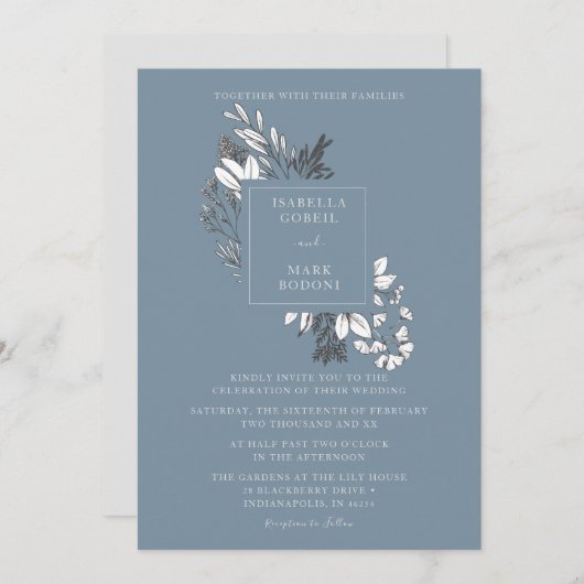 Dusty Blue Floral Wedding Invitation Kaart (Voorkant / Achterkant)