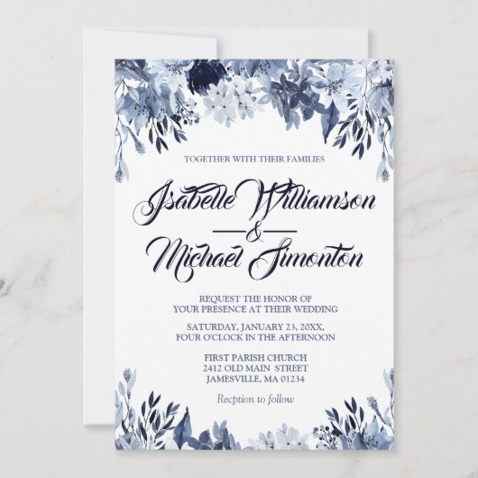 Dusty Blue Floral Wedding Invitation Kaart (Voorkant)