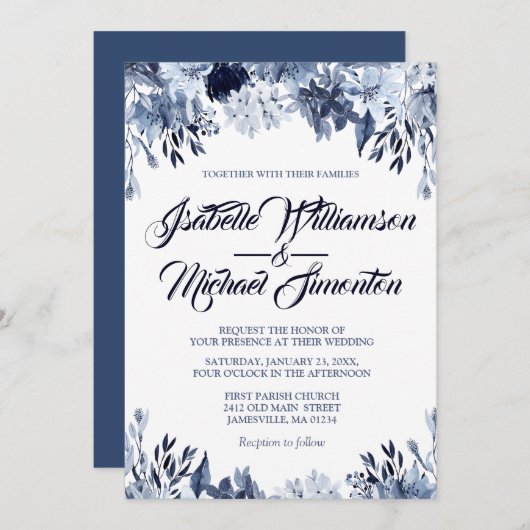 Dusty Blue Floral Wedding Invitation Kaart (Voorkant / Achterkant)