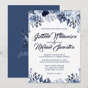 Dusty Blue Floral Wedding Invitation Kaart