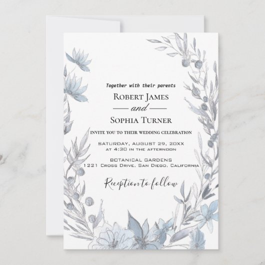 Dusty Blue floral Wedding Invitation Kaart (Voorkant)