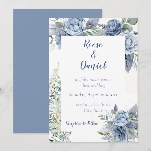 Dusty Blue Floral Wedding Invitation Kaart (Voorkant / Achterkant)