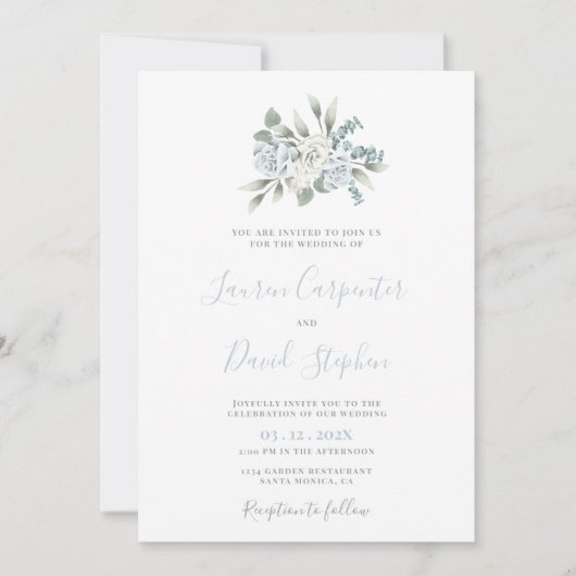 Dusty Blue Floral Wedding Invitation Kaart (Voorkant)