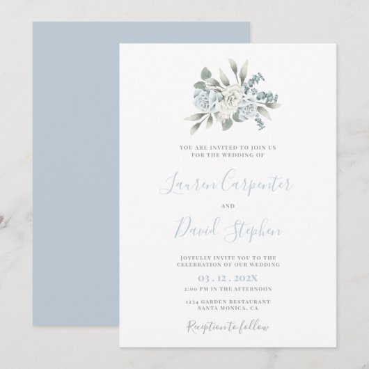 Dusty Blue Floral Wedding Invitation Kaart (Voorkant / Achterkant)