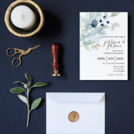 Dusty Blue Floral Wedding Invitation Kaart