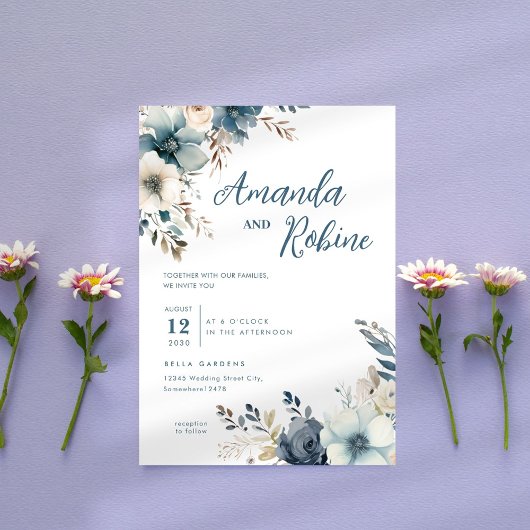 Dusty Blue Floral Wedding Invitation Kaart