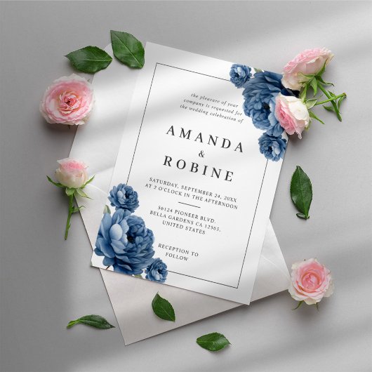 Dusty Blue Floral Wedding Invitation Kaart