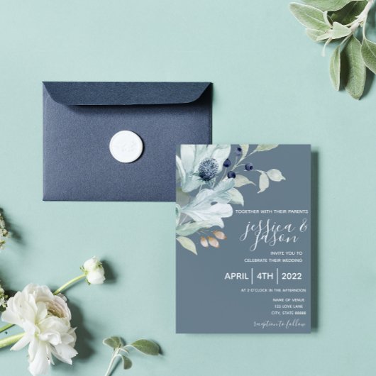 Dusty Blue Floral Wedding Invitation Kaart