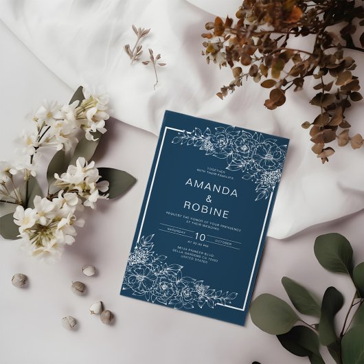 Dusty Blue Floral Wedding Invitation Kaart