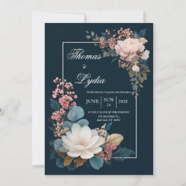 Dusty Blue Floral Wedding Invitation Kaart