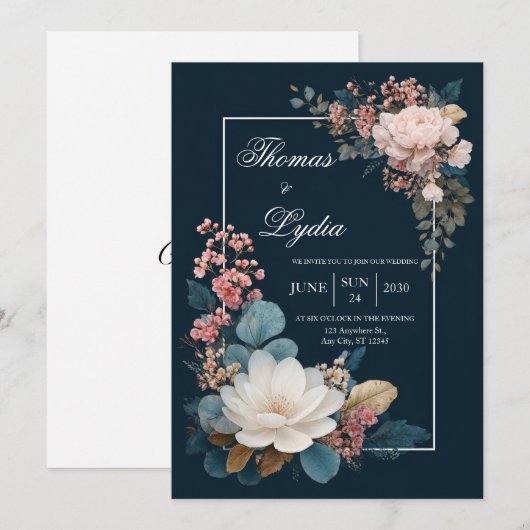 Dusty Blue Floral Wedding Invitation Kaart (Voorkant / Achterkant)
