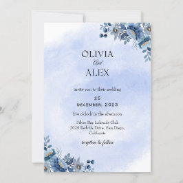 Dusty Blue Floral Wedding Invitation Kaart