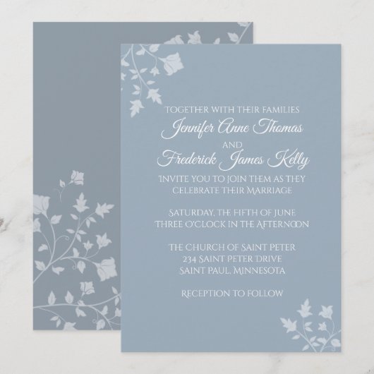 Dusty Blue Floral Wedding Invitation Kaart (Voorkant / Achterkant)
