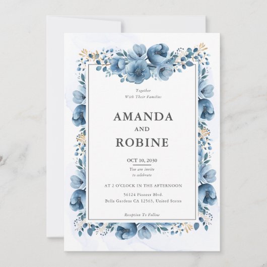 Dusty Blue Floral Wedding Invitation Kaart (Voorkant)