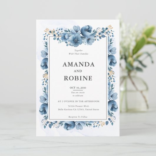 Dusty Blue Floral Wedding Invitation Kaart (Staand voorkant)
