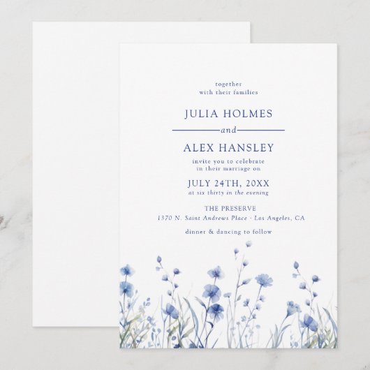 Dusty Blue Floral Wedding Kaart (Voorkant / Achterkant)