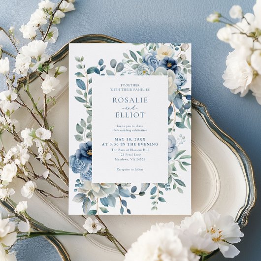 Dusty Blue Floral Wedding Kaart