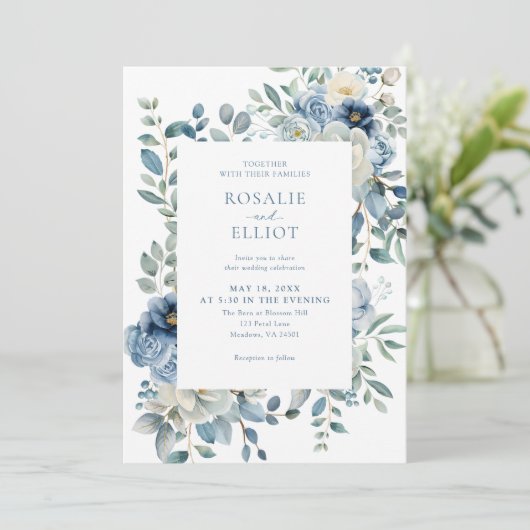 Dusty Blue Floral Wedding Kaart (Staand voorkant)