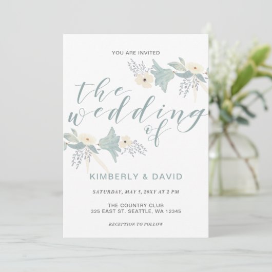 Dusty Blue Floral Wedding Kaart (Staand voorkant)