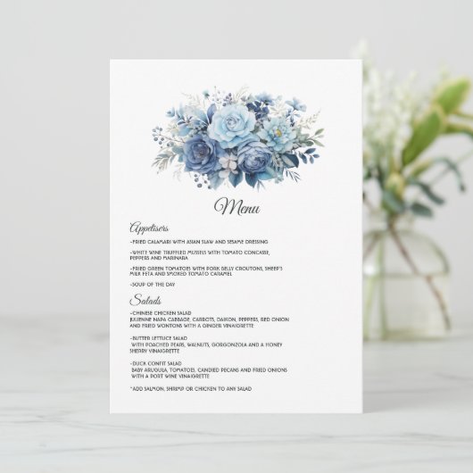 Dusty Blue Floral Wedding Menu (Staand voorkant)