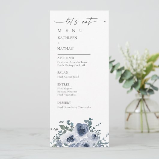 Dusty Blue Floral Wedding Menu (Staand voorkant)