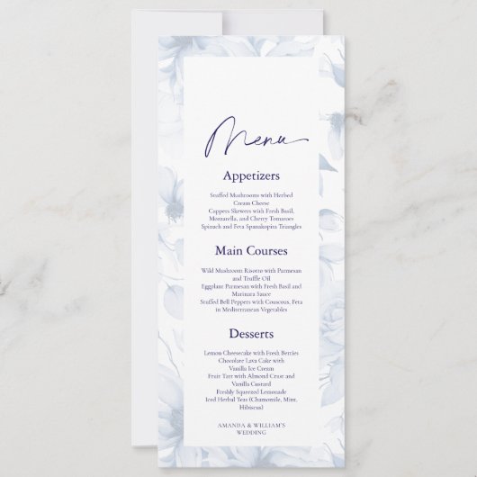 Dusty Blue Floral Wedding Menu Card Kaart (Voorkant)