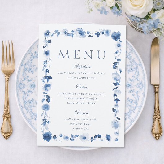 Dusty Blue Floral Wedding Menu Card Kaart