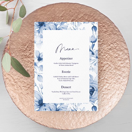 Dusty Blue Floral Wedding Menu Card Kaart