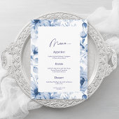 Dusty Blue Floral Wedding Menu Card Kaart