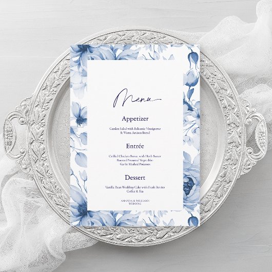 Dusty Blue Floral Wedding Menu Card Kaart