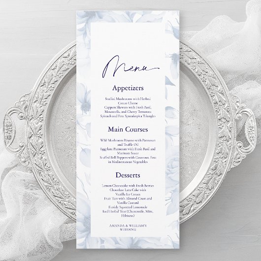 Dusty Blue Floral Wedding Menu Card Kaart