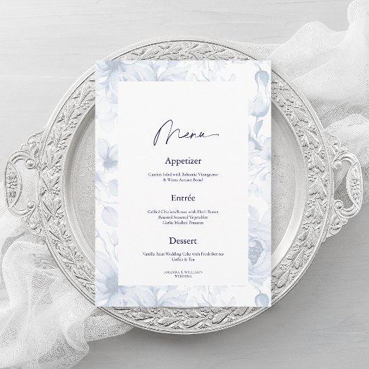 Dusty Blue Floral Wedding Menu Card Kaart