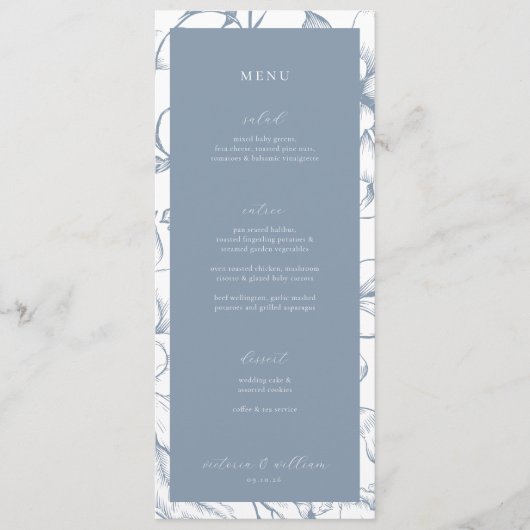 Dusty Blue Floral Wedding Menu en dank u (Voorkant)