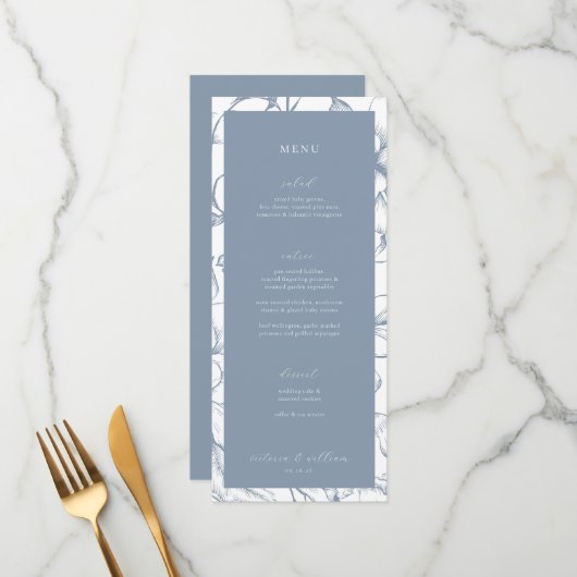Dusty Blue Floral Wedding Menu en dank u (Voorkant / Achterkant in situ)