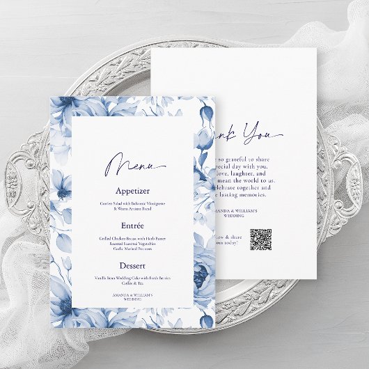 Dusty Blue Floral Wedding Menu & Thank You Card Kaart