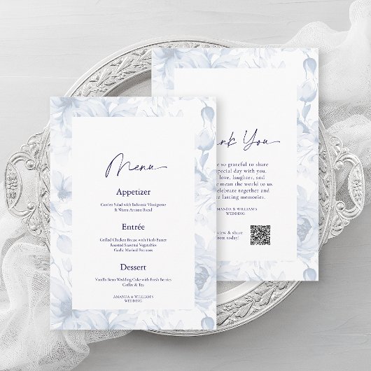 Dusty Blue Floral Wedding Menu & Thank You Card Kaart