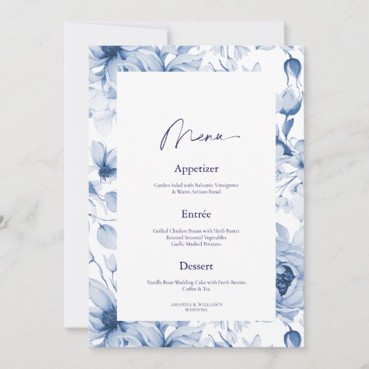 Dusty Blue Floral Wedding Menu & Thank You Card Kaart (Voorkant)