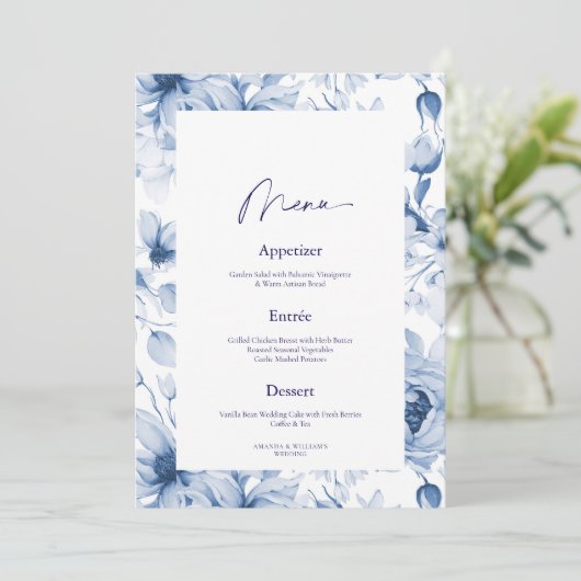 Dusty Blue Floral Wedding Menu & Thank You Card Kaart (Staand voorkant)