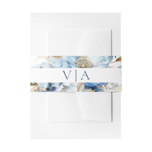 Dusty Blue Floral Wedding Monogram Uitnodigingen Wikkel (Voorkant Voorbeeld)