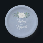Dusty Blue Floral Wedding Papieren Bordje<br><div class="desc">Witte bloemen stoffige blauwe bruiloft papier borden</div>