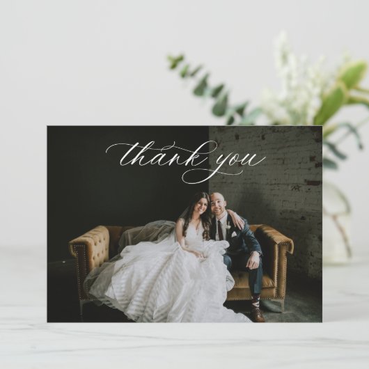 Dusty Blue Floral Wedding Photo Bedankkaart (Staand voorkant)