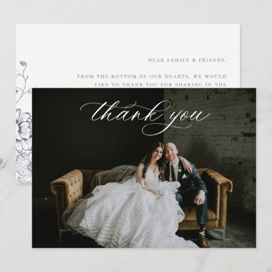 Dusty Blue Floral Wedding Photo Bedankkaart (Voorkant / Achterkant)