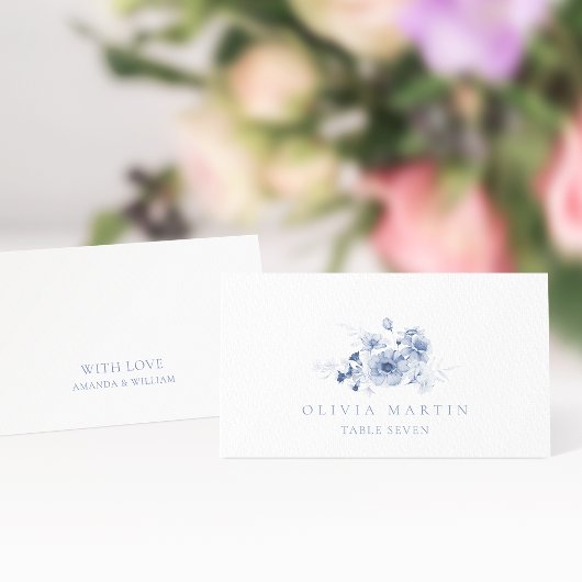 Dusty Blue Floral Wedding Place Card Kaart