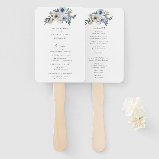 Dusty Blue Floral Wedding Program Ceremony Bridal Handwaaier (Voorkant en achterkant)