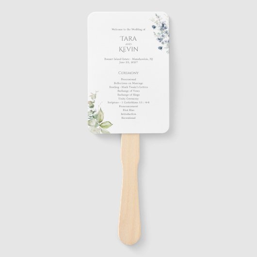 Dusty Blue Floral Wedding Program Fan met Handvat Handwaaier (Voorkant)