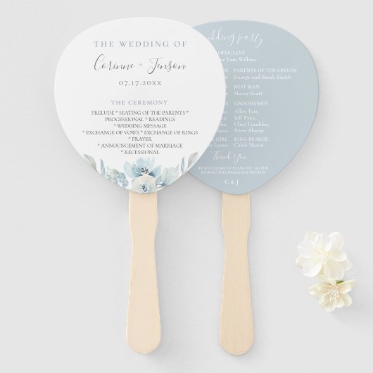 Dusty Blue Floral Wedding Program Hand Fans Handwaaier (Voorkant en achterkant)