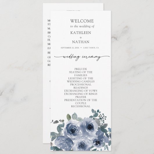  Dusty Blue Floral Wedding Program Menu (Voorkant / Achterkant)